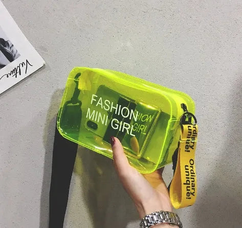 Transparent square jelly shoulder bag in various colours with adjustable strap and phone compartment