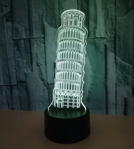 Leaning Tower of Pisa 3D acrylic night light with colour-changing LEDs on a black ABS base.