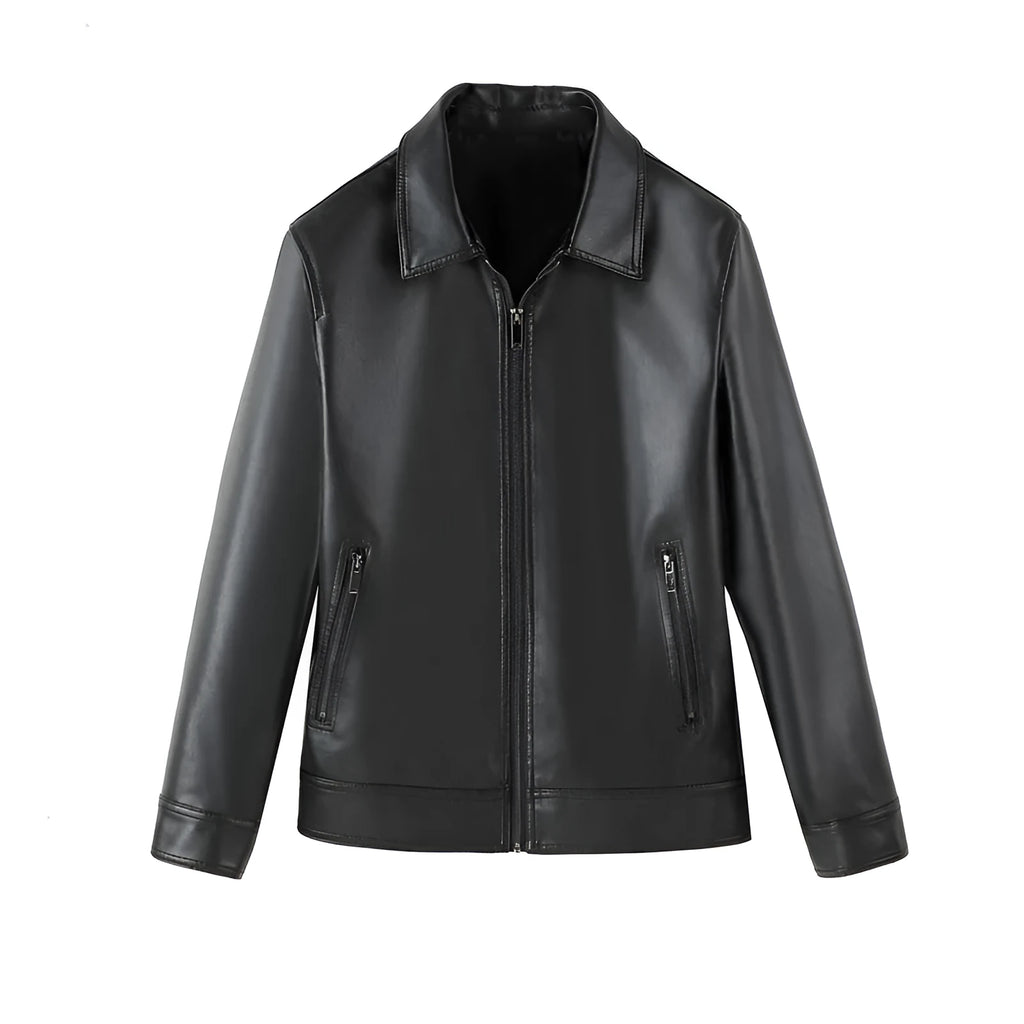 Men's black PU leather casual jacket with zipper and pockets in loose fit design
