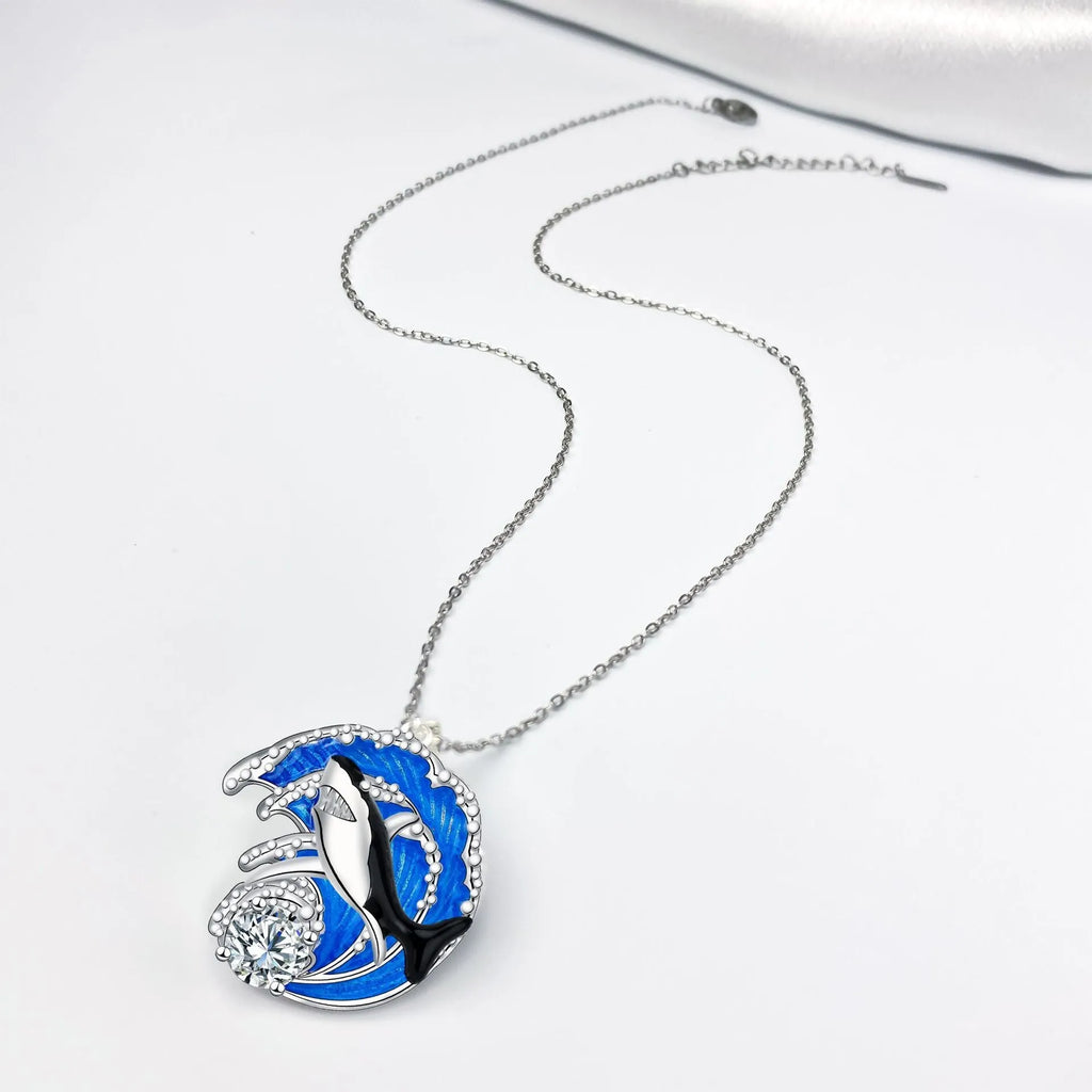 Shark necklace women's jewellery with copper animal pendant on cross chain, silver-tone finish