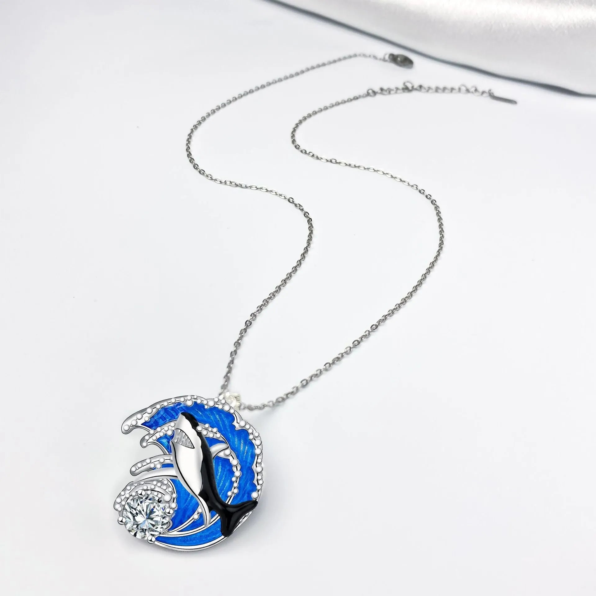 Shark necklace women's jewellery with copper animal pendant on cross chain, silver-tone finish