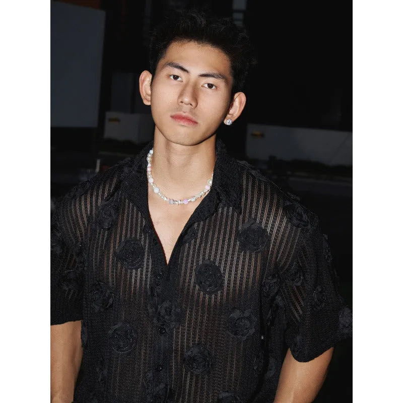 Men's heavy industry three-dimensional floral short-sleeved shirt in loose fit plus size with wool lining