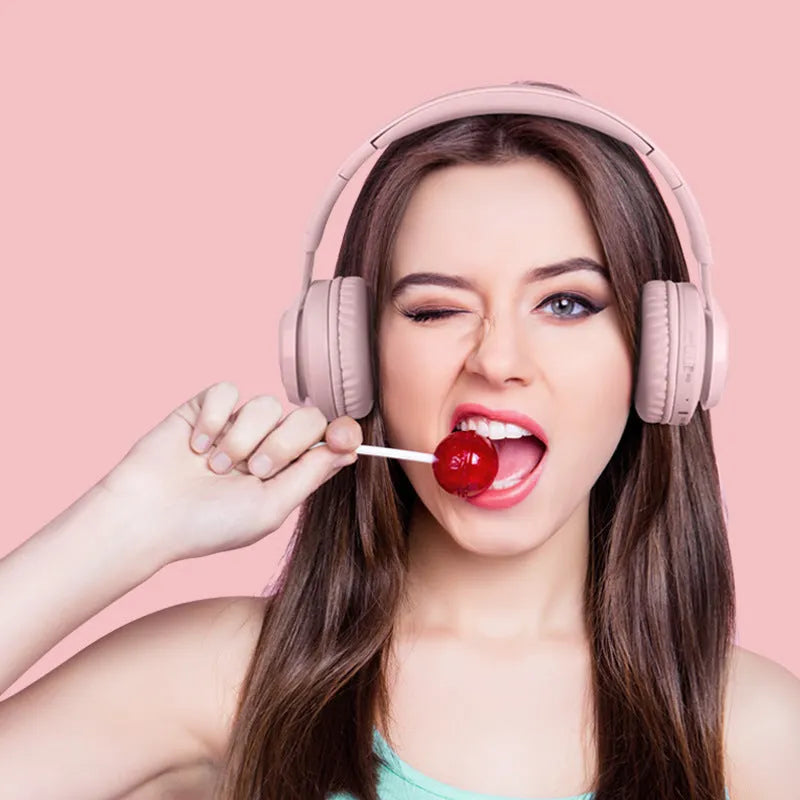 Wireless children's headphones with RGB bunny ear lights in purple colour showing stereo sound and call functionality