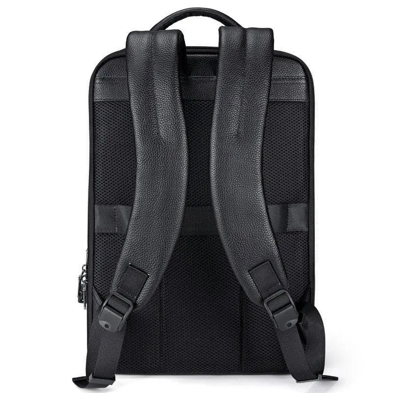 Black genuine leather men's business computer backpack with curved shoulder strap and sewing line detailing