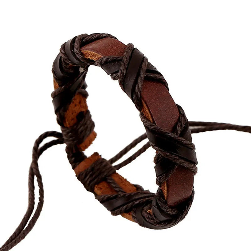 Asgard crafted leather Nordic arm bracelet in brown cowhide with black hemp rope adjustable fit