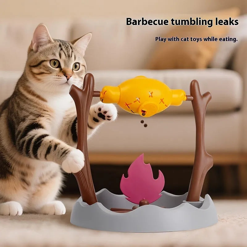 Tumbling leakage food feeder cat toy measuring 30cm wide with treat dispensing mechanism