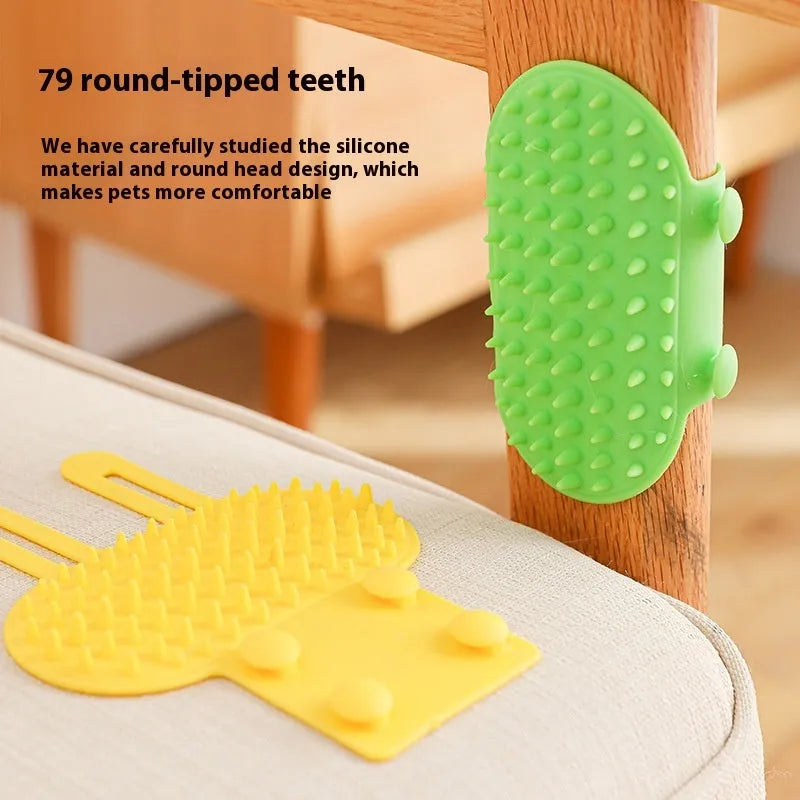 Silicone cat grooming comb with adjustable strap mounted on table leg