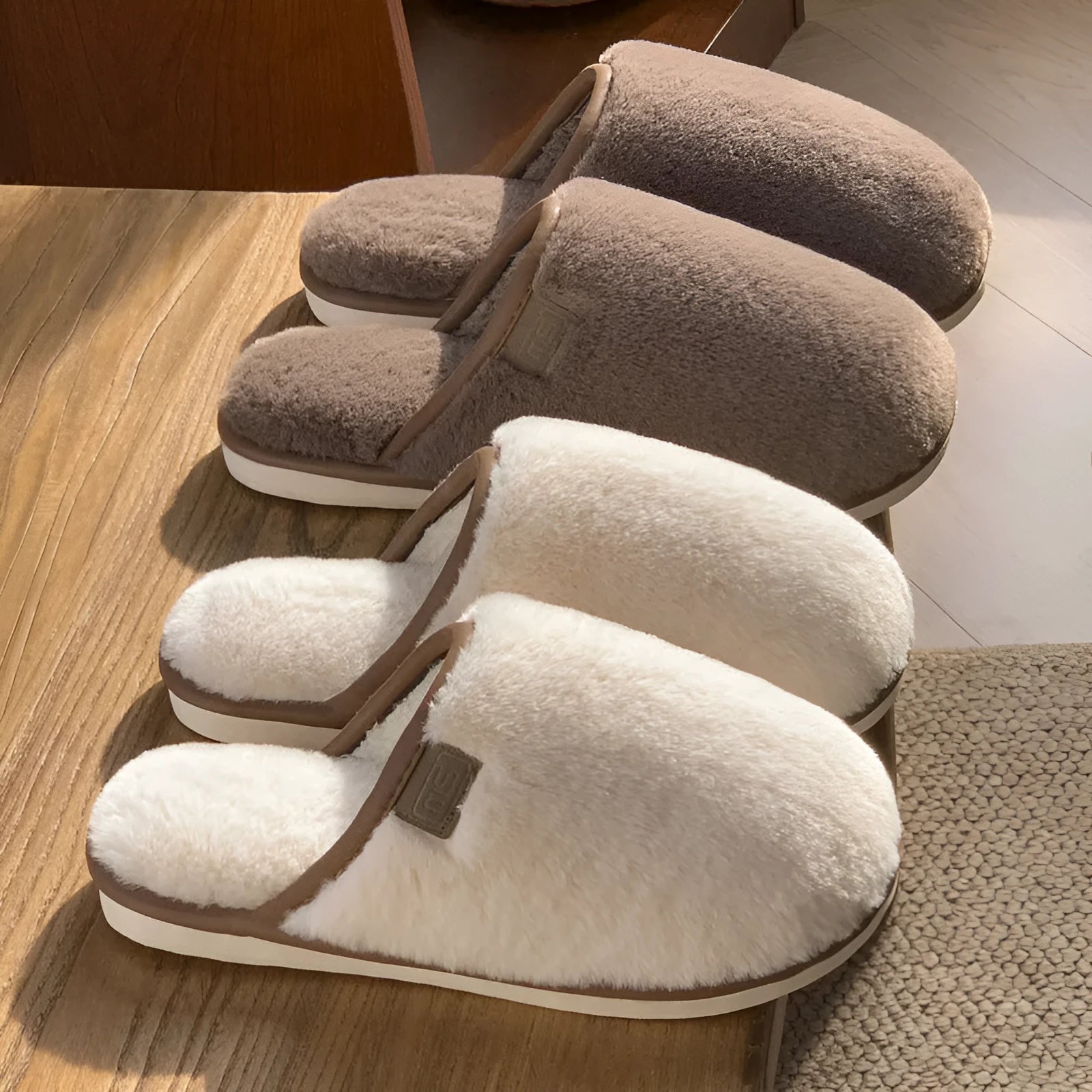 Winter plush slippers in blue colour with non-slip PVC soles, showing car stitching detail