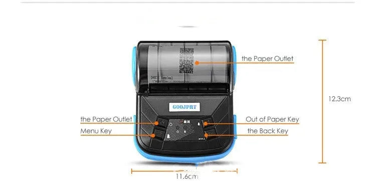 Thermal Bluetooth handheld bill printer with 80mm paper roll and charger, available with UK plug