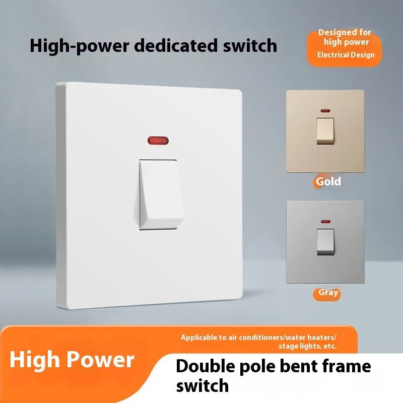 High current electrical switch with illuminated panel in white, grey, or gold for water heater and AC control.
