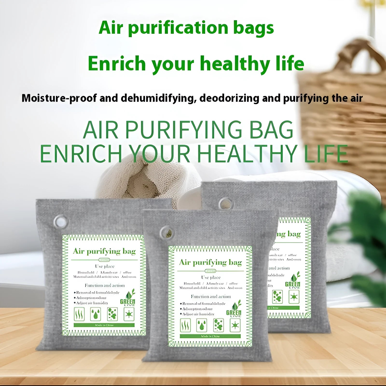 Bamboo charcoal air purification bags in three sizes for formaldehyde removal