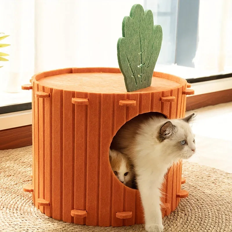 Carrot-shaped grey felt cat nest tunnel for cats, showing semi-enclosed design and drilled holes.