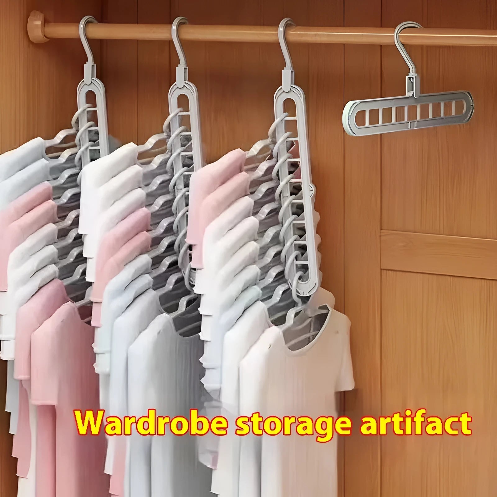 Plastic multifunctional hanger with nine holes for folding trousers, shown in a choice of colours