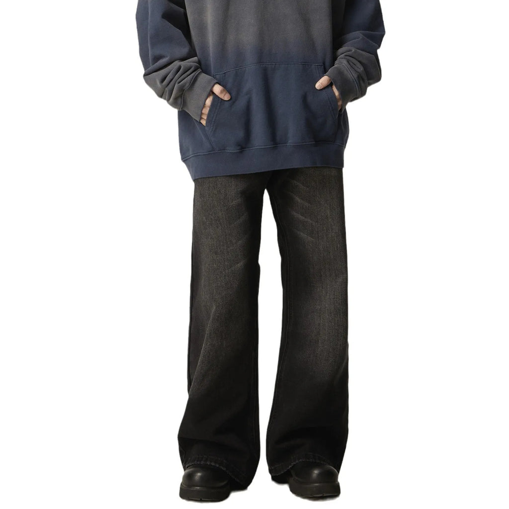Black loose straight leg jeans with zipper fly and retro styling