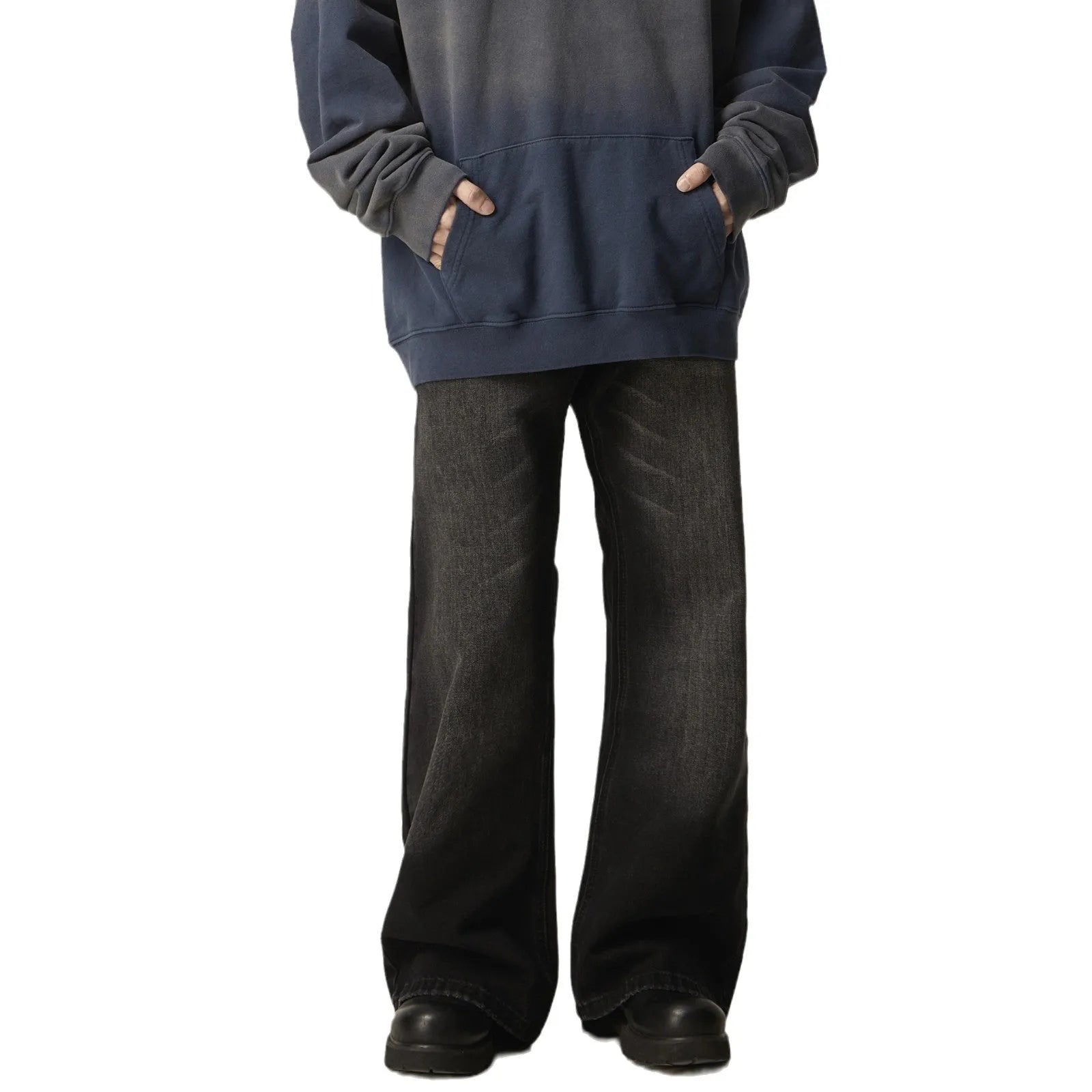 Black loose straight leg jeans with zipper fly and retro styling
