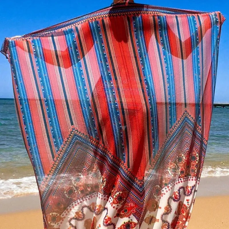 Women's three-piece swimsuit set showing high-waisted briefs, sleeveless cutout top, and coordinating coat