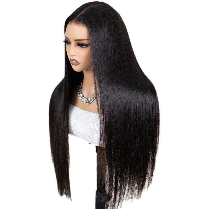 A black 13x6 straight lace front human hair wig displayed on a mannequin head, showing the natural hairline.
