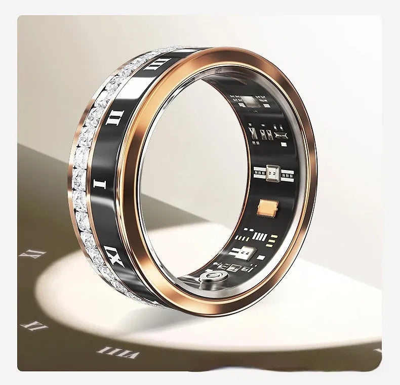 Silver and gold smart ring with diamond inlay on a finger, showing its health monitoring design.