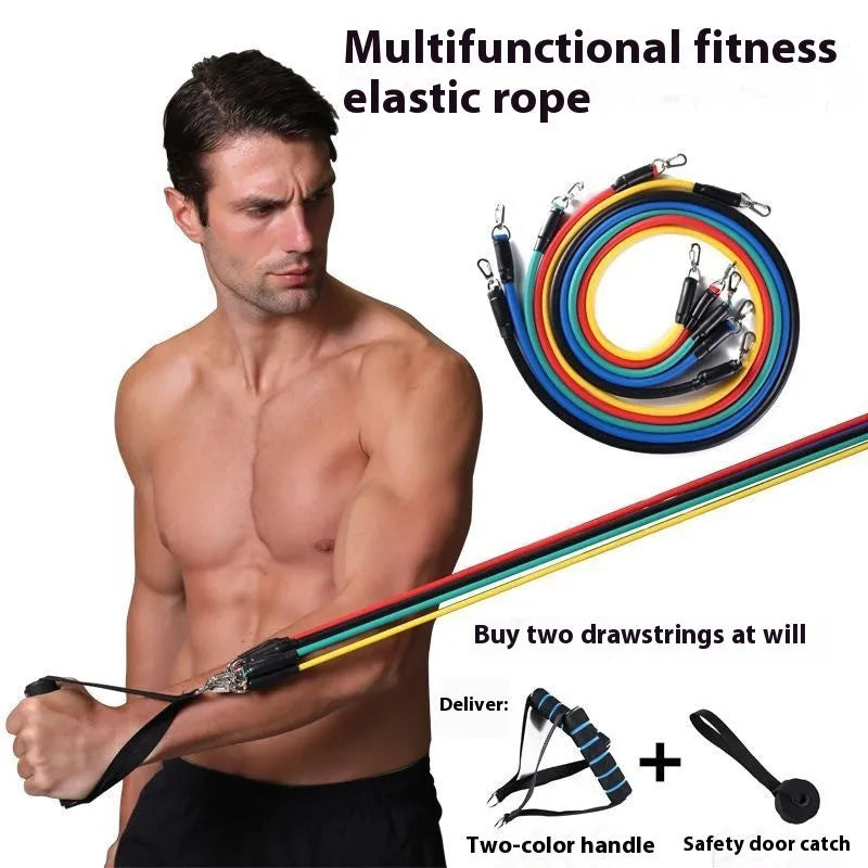 11-piece multi-functional door-mounted resistance training set with pulling rope and ABS plastic hooks.