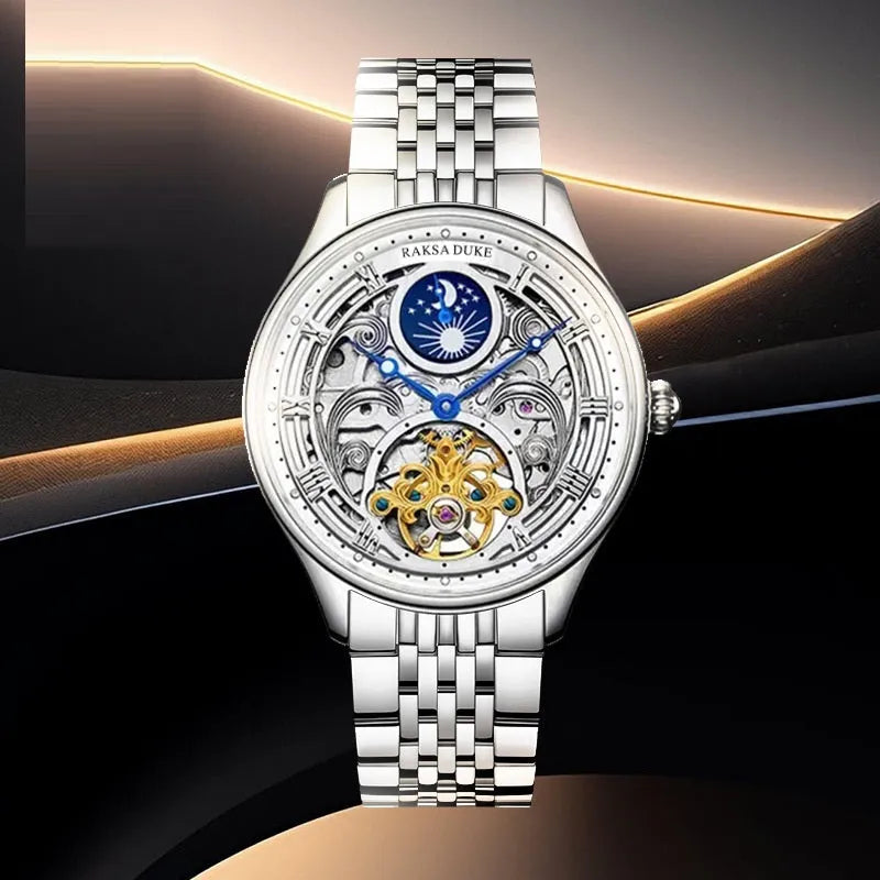 Men's business waterproof watch with white dial rose gold case and stainless steel bracelet