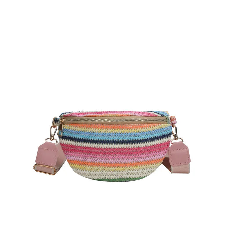 Bohemian woven straw beach bag with single strap in pink or blue showing sandwich pocket and shell shape