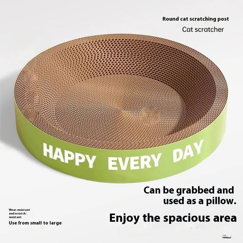 Green round corrugated cardboard cat scratching board nest for scratching and sleeping.