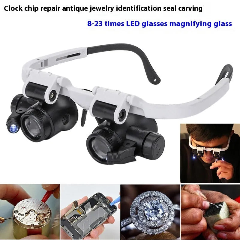 White head mounted magnifying glass with illuminated loupe for clock and electronic repair work.