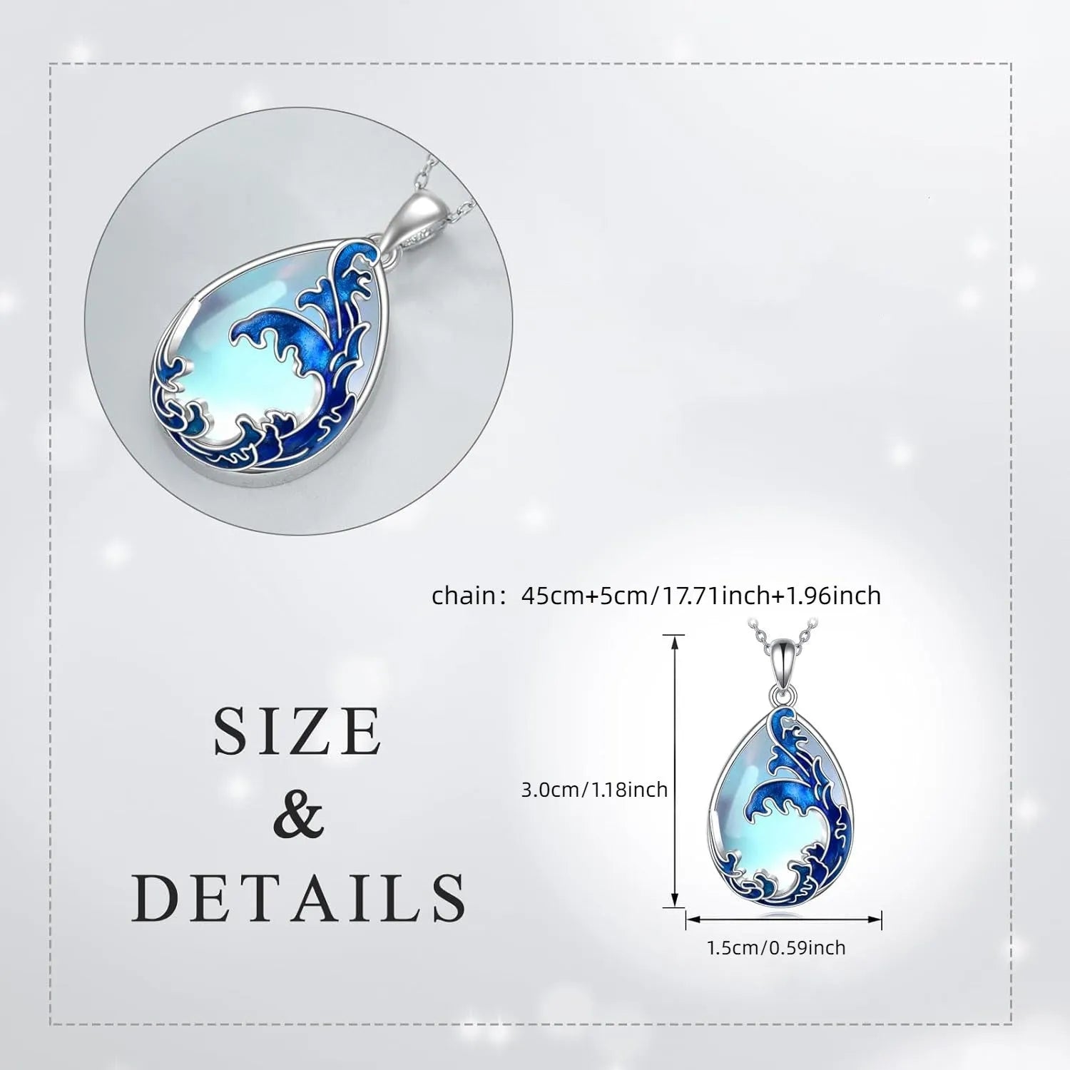 Blue heart-shaped alloy pendant necklace on a chain.
