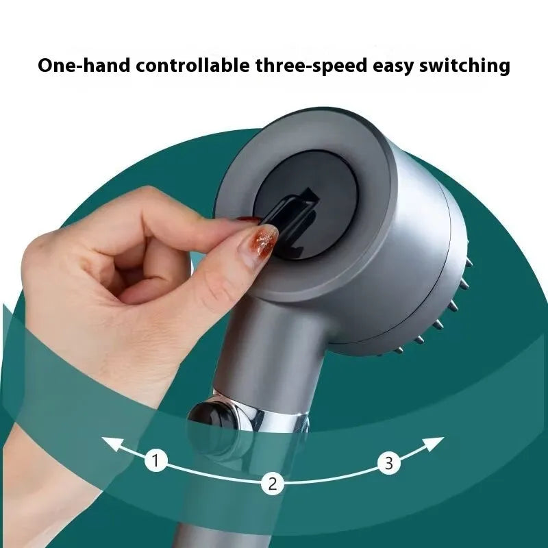 Portable white ABS plastic shower head with modern design and adjustment dial.