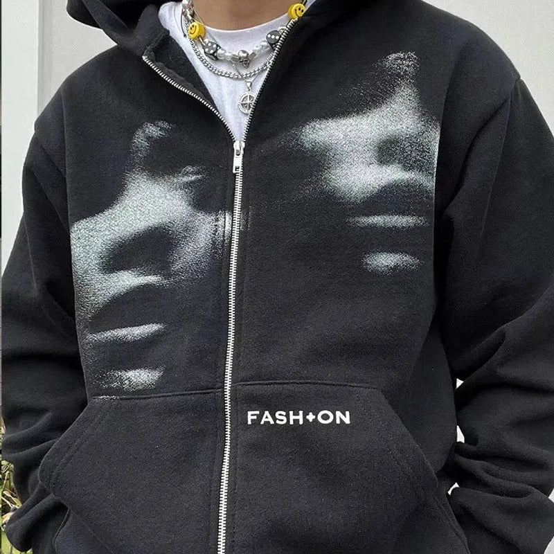 Unisex Y2K black zip hoodie with loose fit and attached hood, Korean streetwear style for teenagers