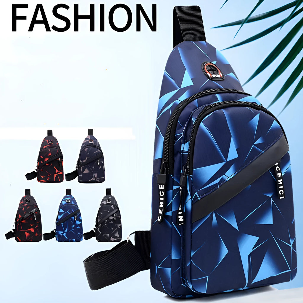 Men's blue oxford cloth sling chest bag with earphone hole and adjustable shoulder strap