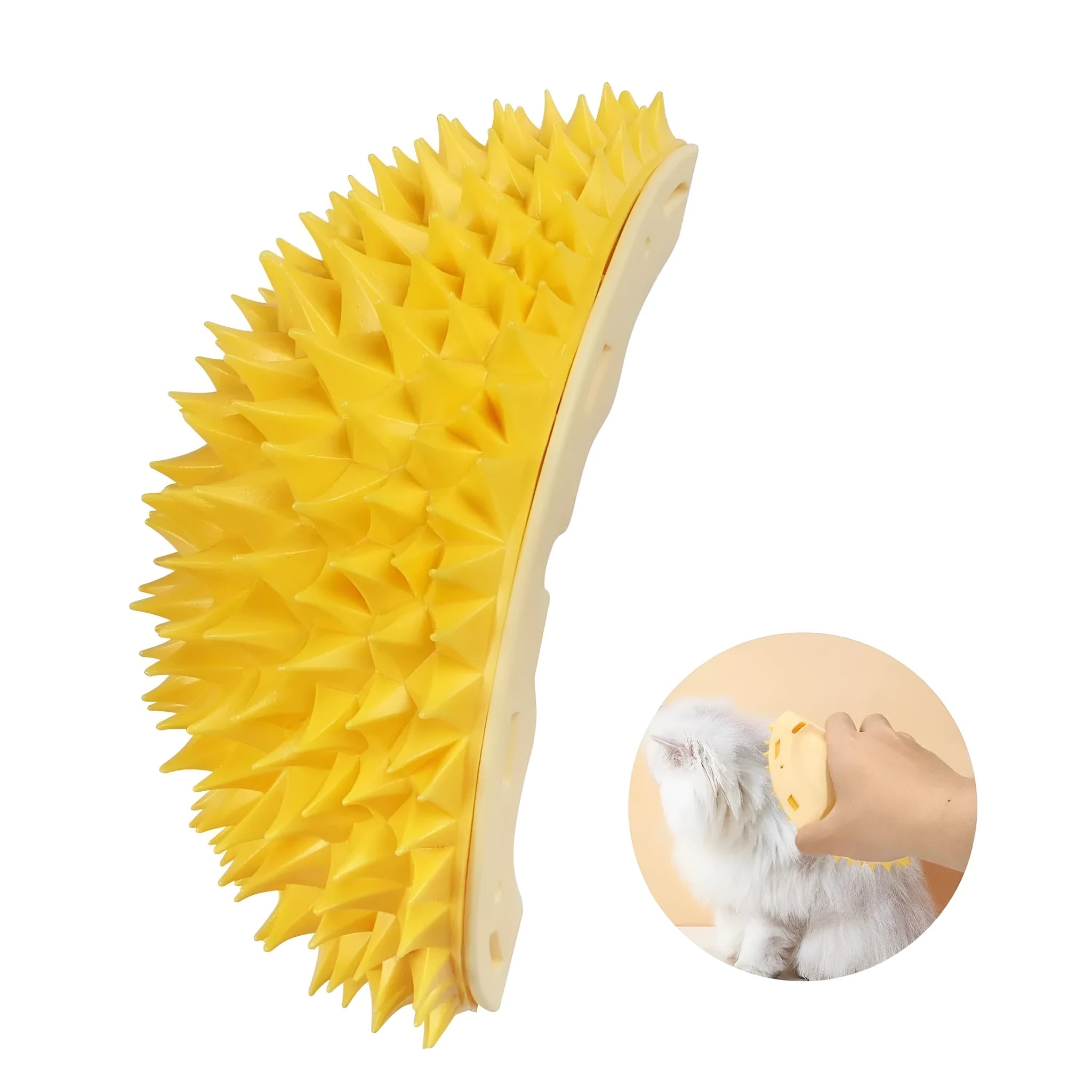 Yellow durian-shaped cat corner scratcher mounted on wall with cat mint powder