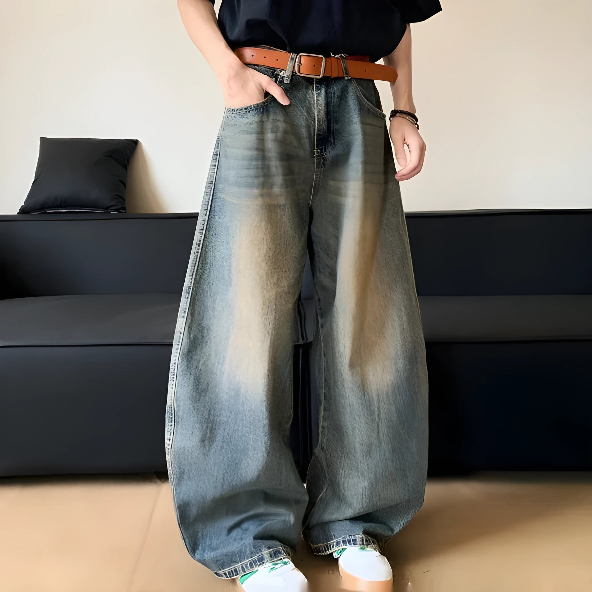 Men's retro blue distressed wide-leg denim trousers with machete styling detail