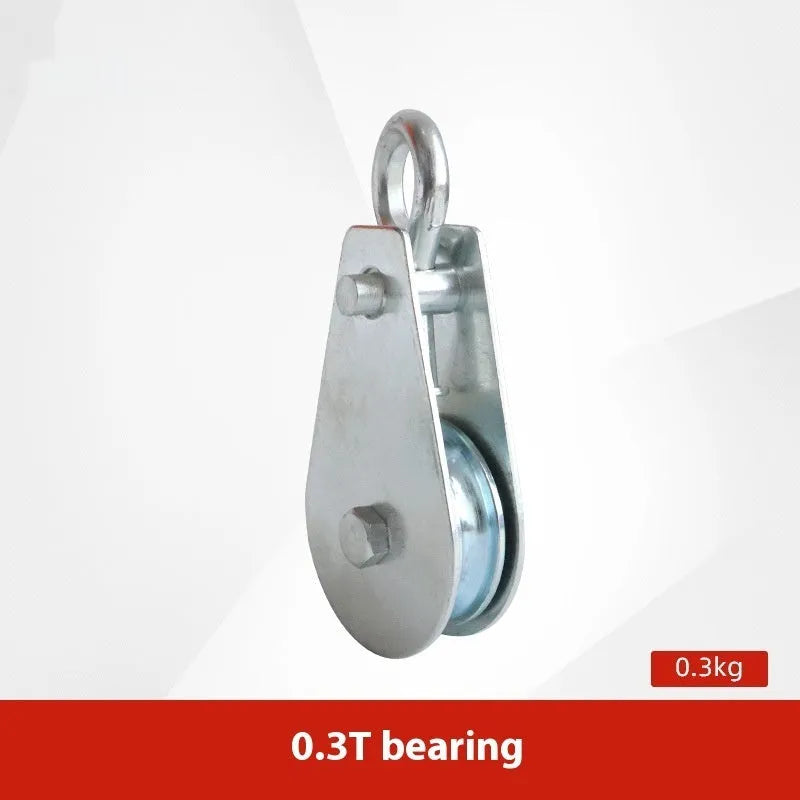 Red industrial steel lifting pulley with a forged hook and safety latch for wire rope.