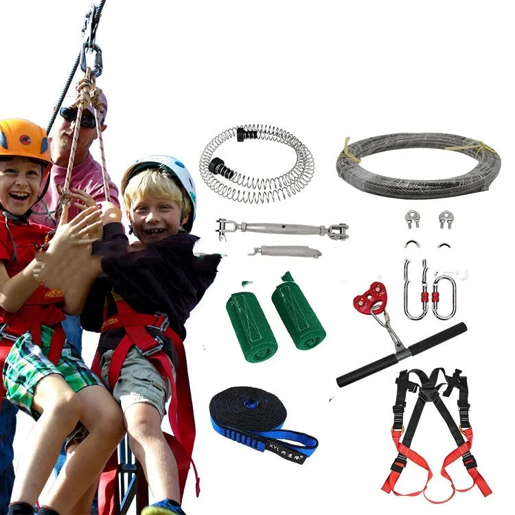 10 metre children's outdoor pulley slide rope with alloy steel mechanism and safety accessories