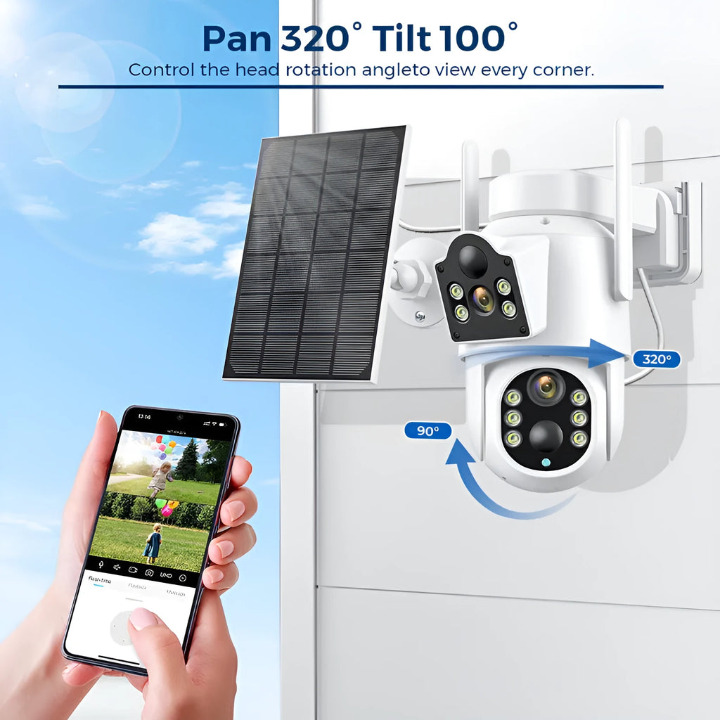 Outdoor solar wireless security camera with solar panel, showing 4MP resolution and 20m night vision capability