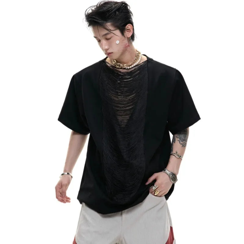 Men's drum black loose fit t-shirt with a hollow-out V-neck design and short sleeves.