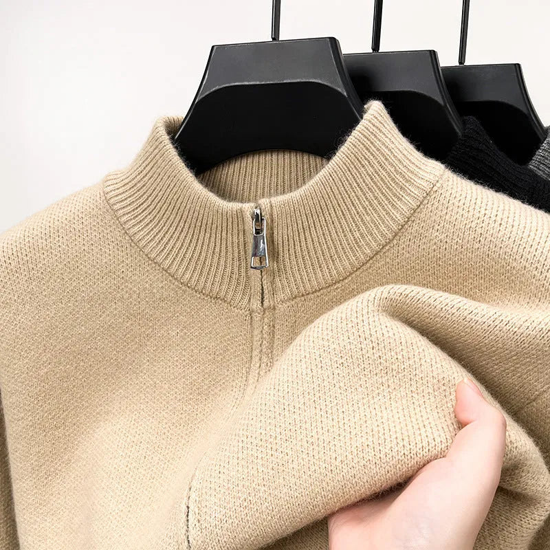 Men's grey stand collar knitted zip cardigan in a loose, thickened fit.