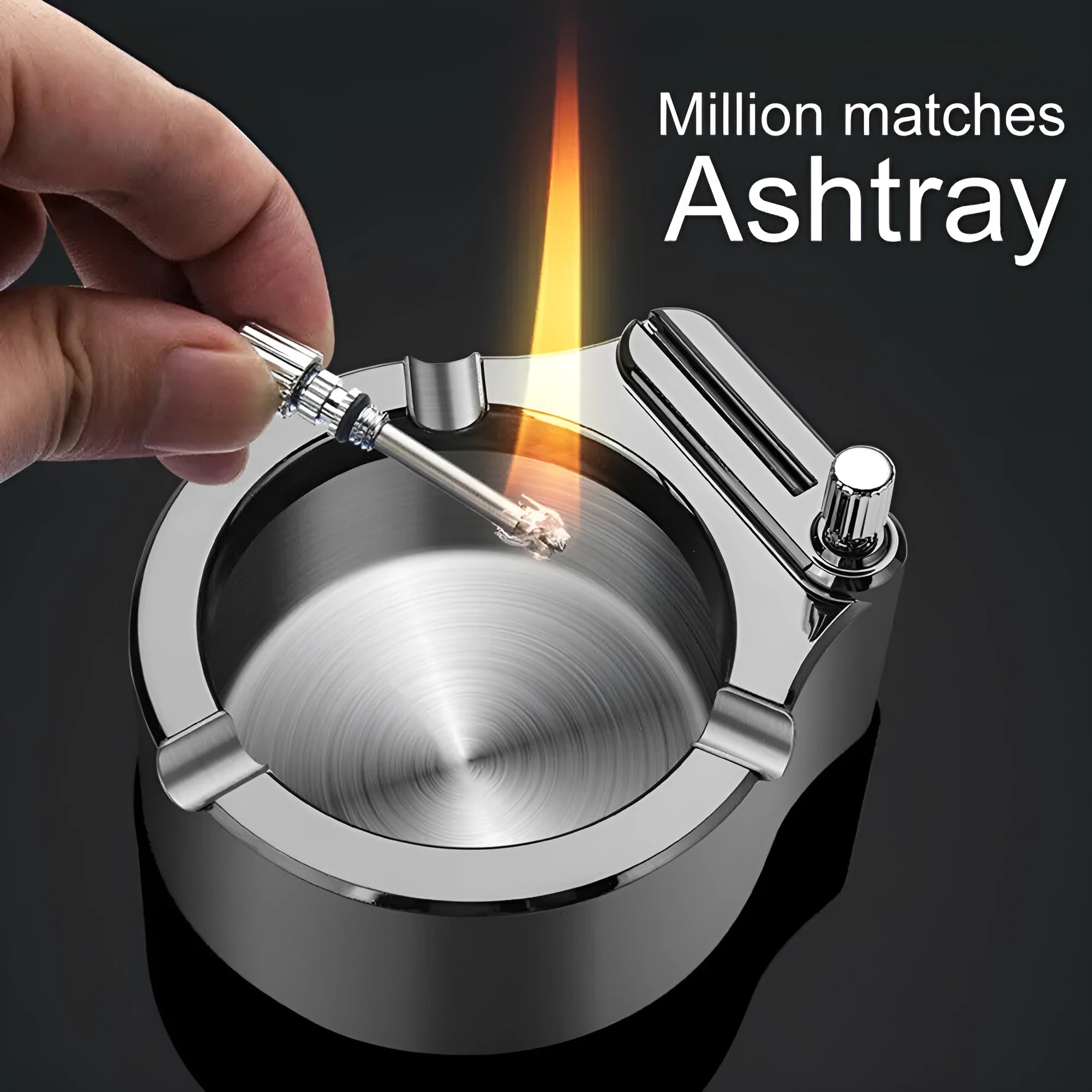 Large brushed stainless steel ashtray with sliding permanent match lighter and three cigarette slots in gold colour