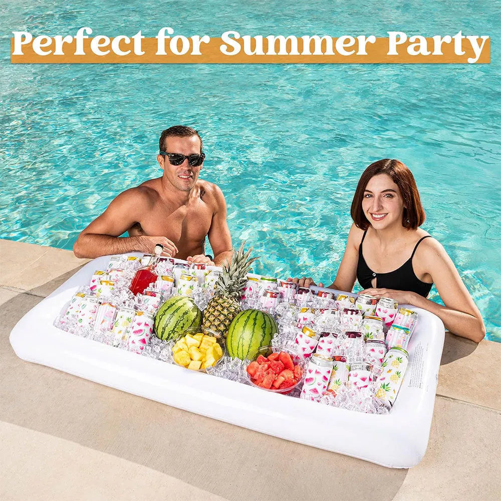 Inflatable ice bar serving station with cup holders and a yellow beer steins ice bucket for parties.
