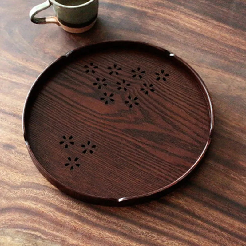 Wooden serving plate with hollow sakura pattern, 30cm diameter, shallow depth for dessert presentation