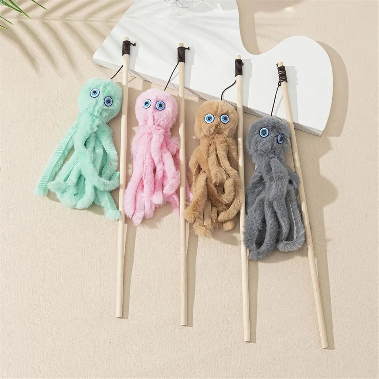 Colourful octopus cat toy on a 40cm stick with furry pom-poms and moving eyes