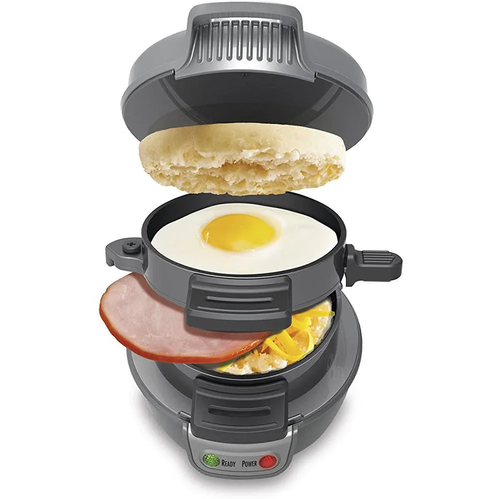 Red silver grey orange multifunction breakfast sandwich maker with egg ring and waffle plates