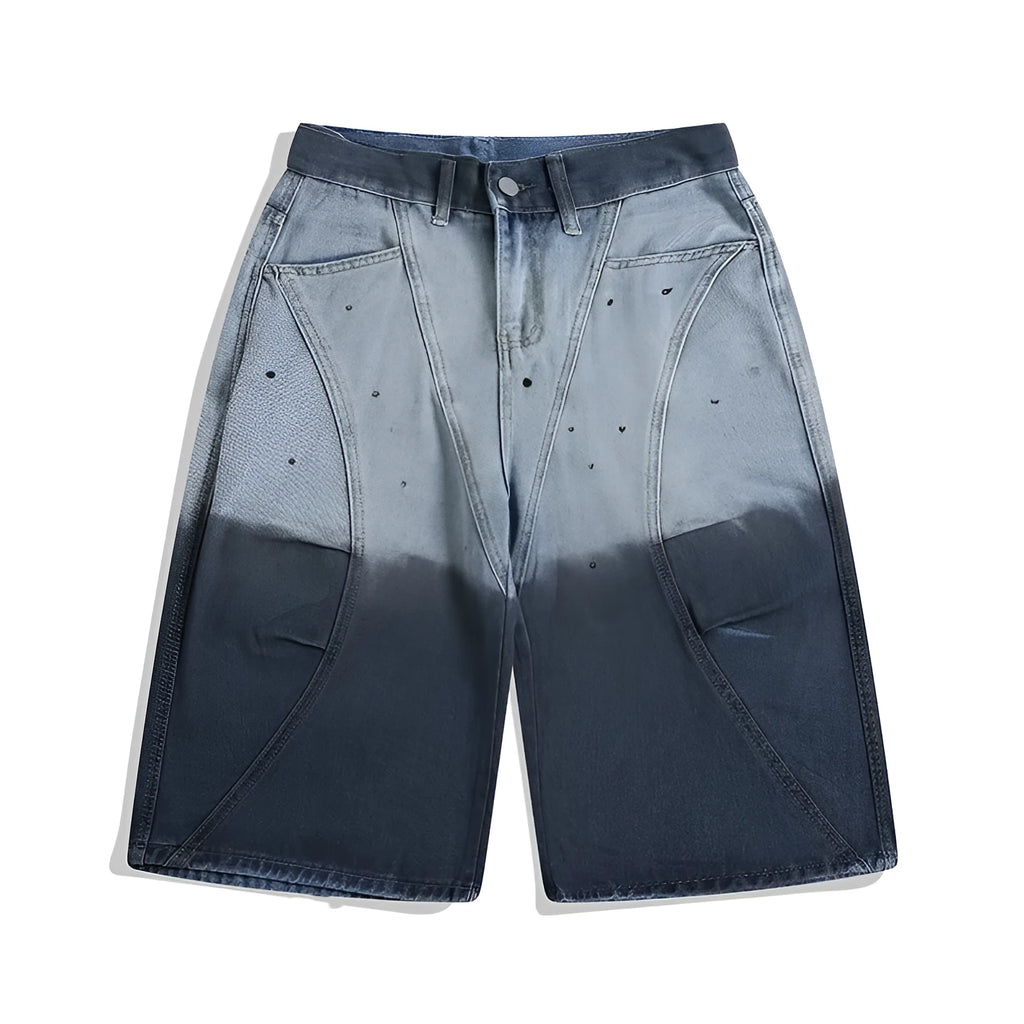Blue tie-dye gradient cropped jeans with a washed-out, worn-in look and loose casual fit