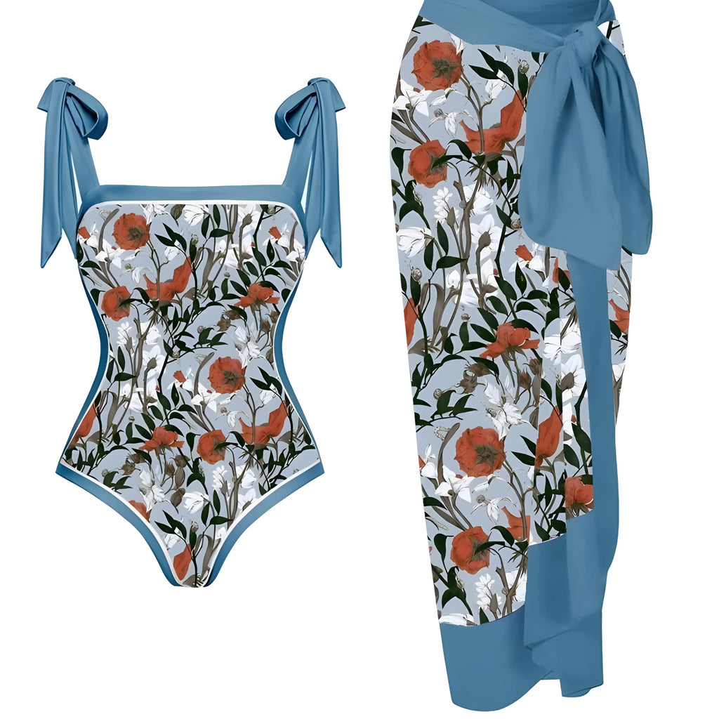 Women's printed two-piece chiffon swimsuit with hip skirt in floral pattern for swimming.