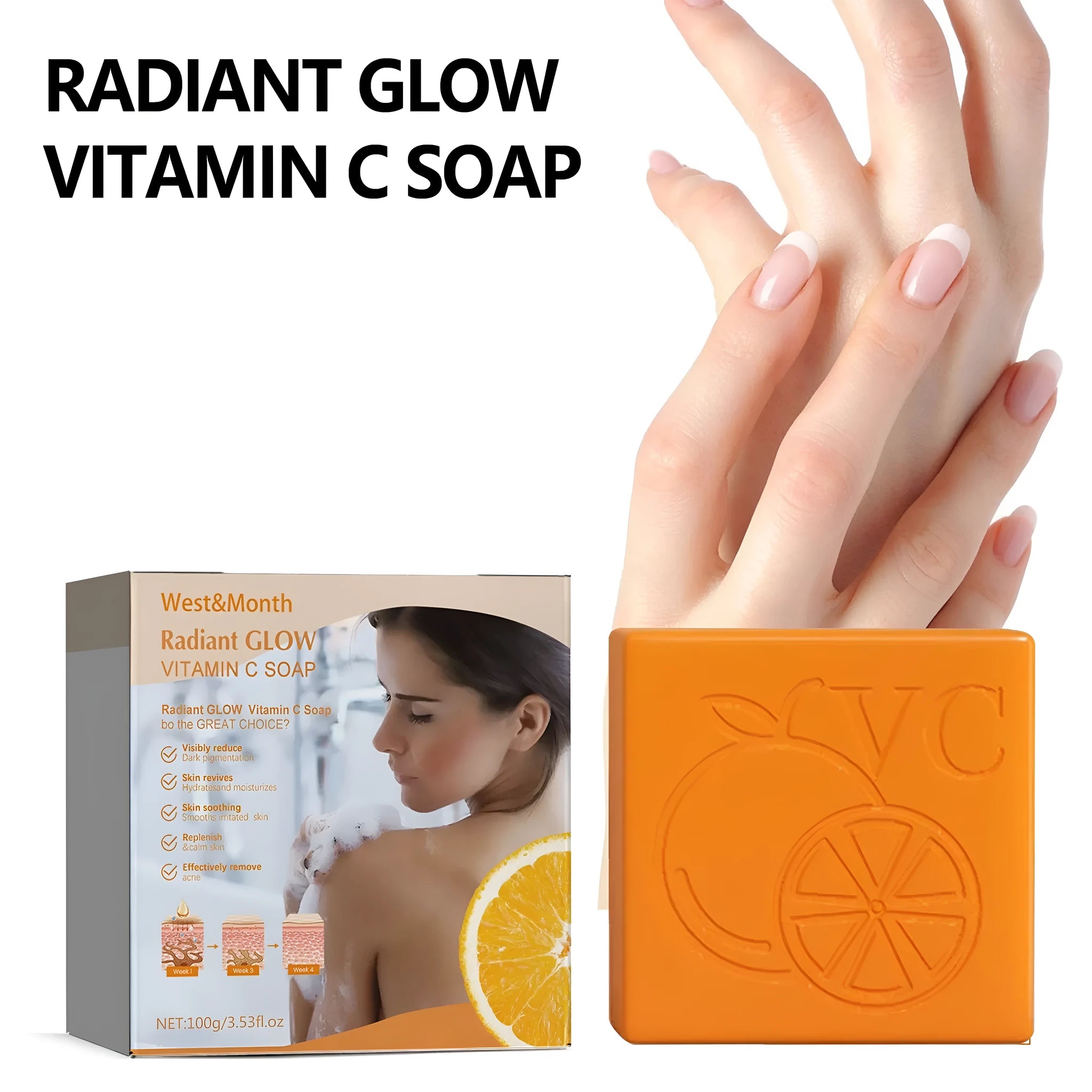 A 100g white bar of whitening vitamin body soap with kojic acid and botanical extracts.