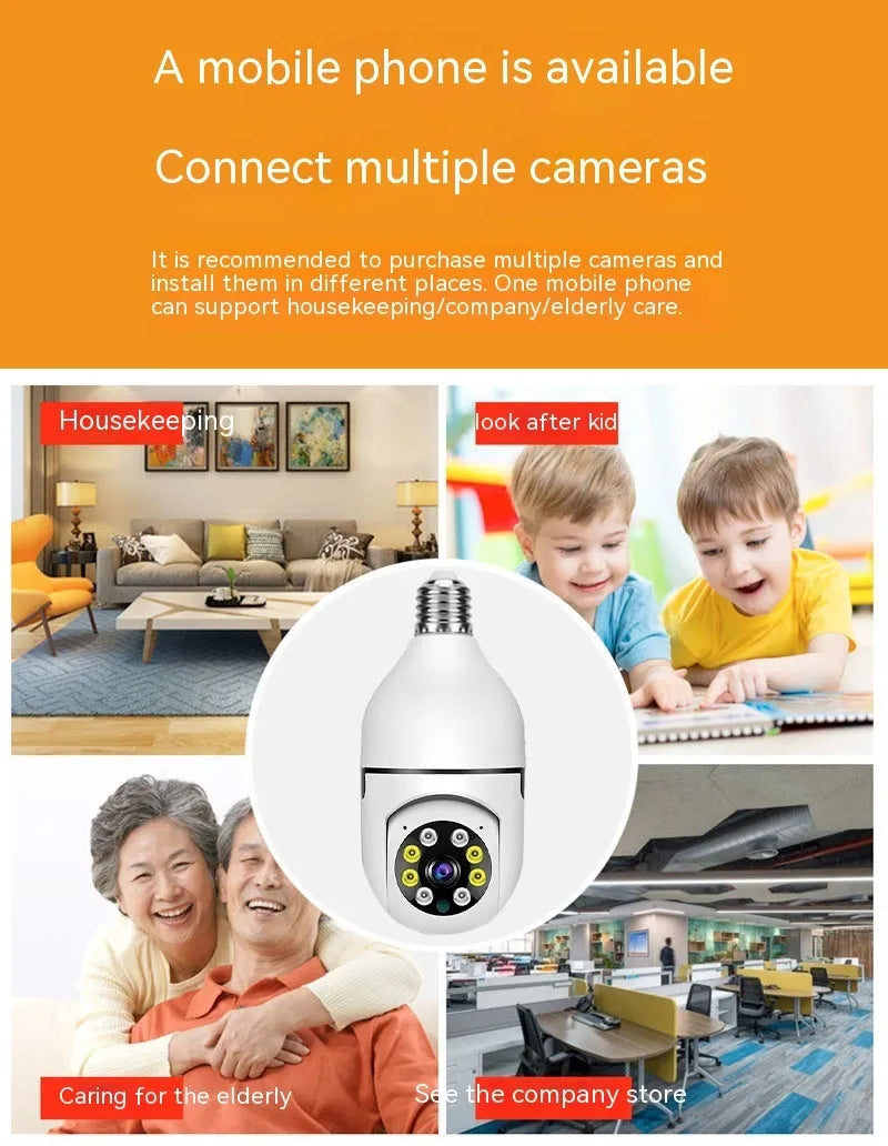 Wireless bulb security camera with metal and plastic housing, measuring 5cm by 12cm.