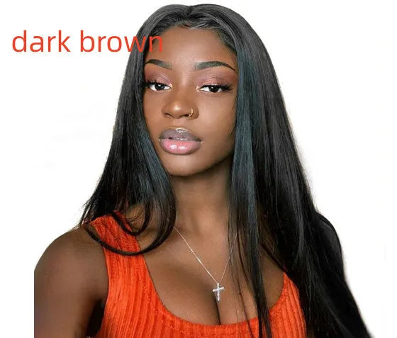 Long straight human hair wig with centre-parted bangs in black colour