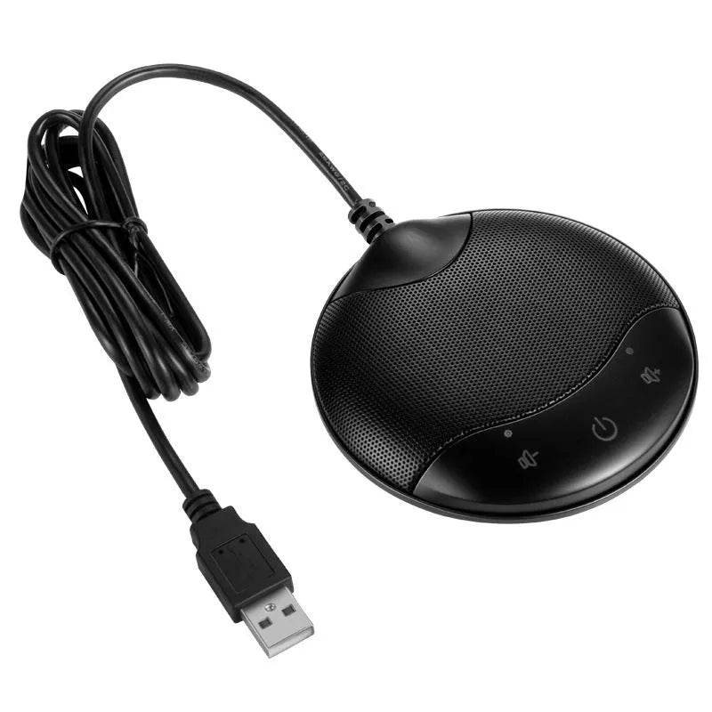 Black USB condenser microphone with compact square design for conference calls and gaming