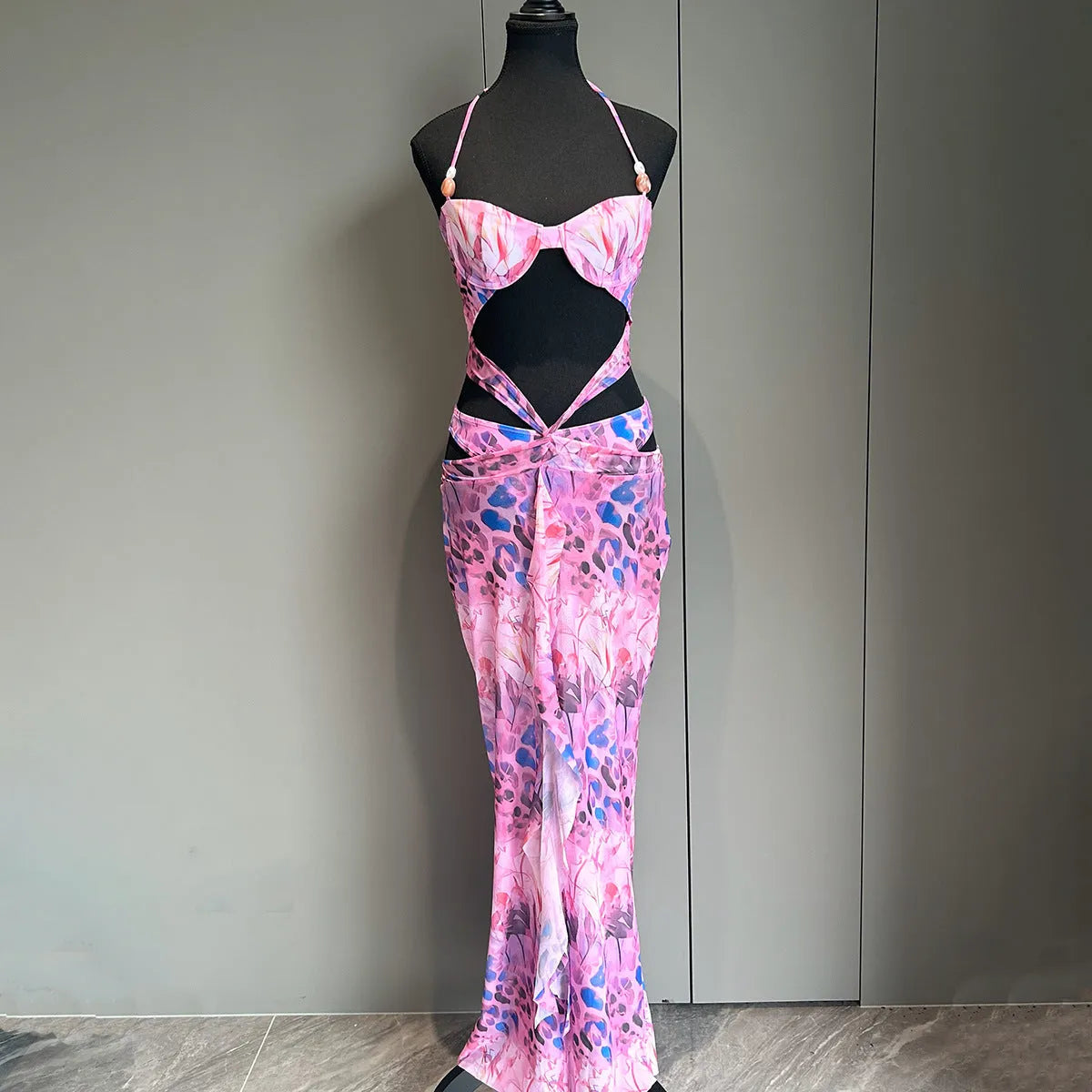 Nylon women's bikini three-piece set with printed split dress in blue colour, sizes S M L